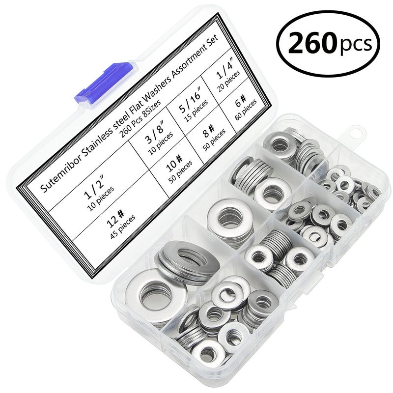 Sutemribor 260 Pieces 8 Sizes Stainless Steel Flat Washers, 1/2 3/8 5/16 1/4 12# 10# 8# 6# Hardware Gasket Assortment Kit - Image 2
